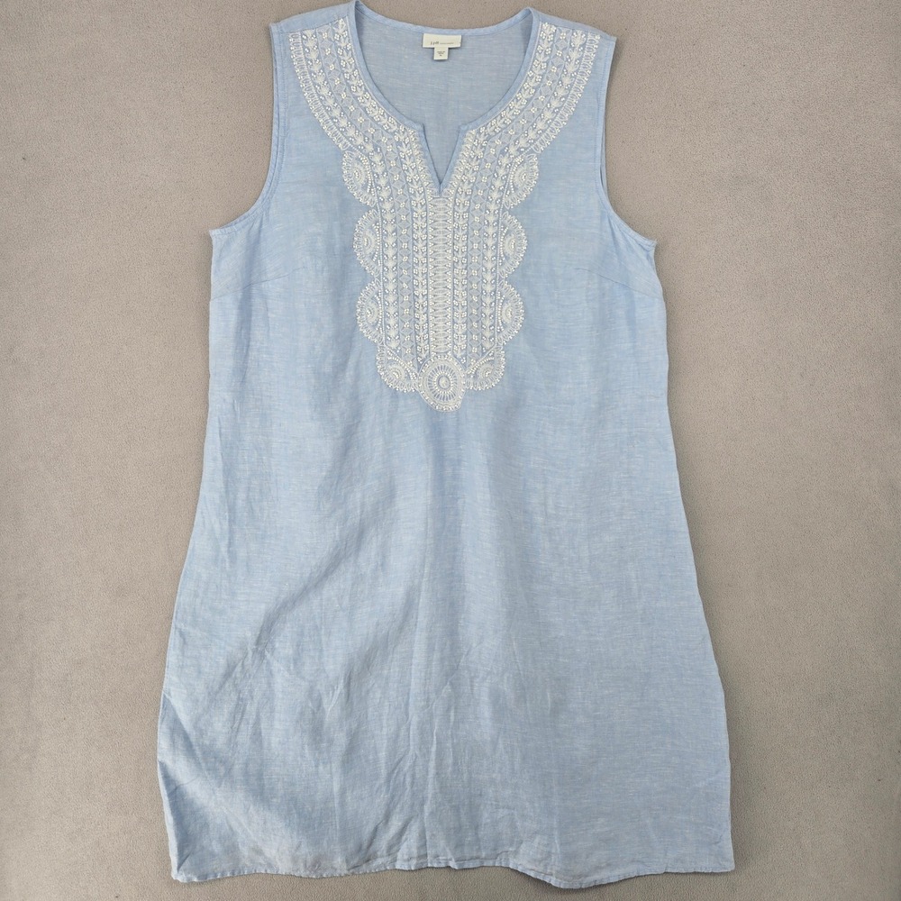 J. Jill Womens XL Blue Love Linen Embroidered Beaded Shift Dress Coastal Boho